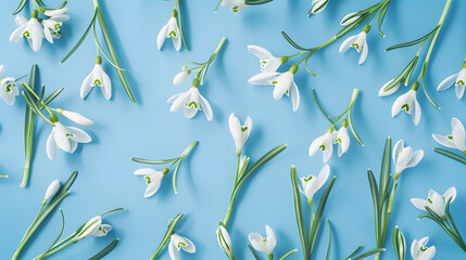 Canvas Print - Creative layout made with snowdrop flowers on bright blue  background Flat lay Spring minimal concept : Generative AI