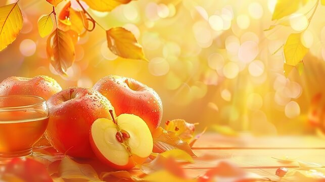 Beautiful Side close-up view fruits the appetizing cherry and apples tree branches with flowers
