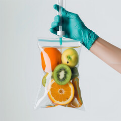 Hand of nurse holding IV bag filled with fruit orange and kiwi white background