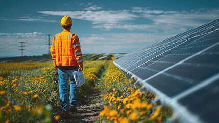 Wall Mural - An engineer walking with check up list in the solar power plant field. Generative AI.