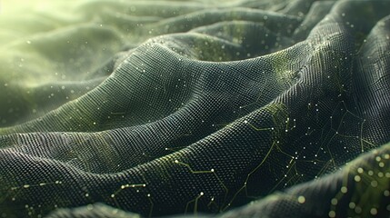 Wall Mural - A macrophotography of ultra-fine threads intertwining with nanotechnology, black as the dominant color with vibrant light green circuit patterns