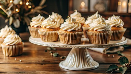 Canvas Print - Vanilla cupcakes with swirled frosting on a cake stand.