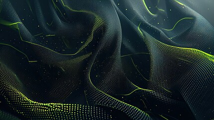 Wall Mural - A macrophotography of ultra-fine threads intertwining with nanotechnology, black as the dominant color with vibrant light green circuit patterns