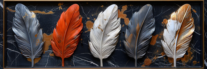 panel wall art, wall decoration, marble background with feather designs