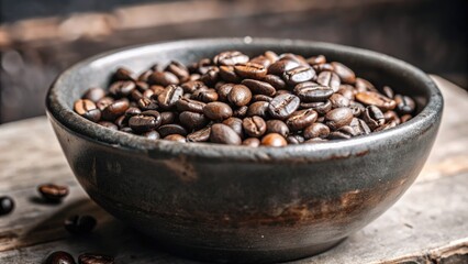 Poster - Bowl of roasted coffee beans on a dark table.