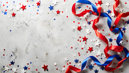 Wall Mural - Patriotic Background with Red, White, and Blue Ribbons and Star Confetti on Light Gray
