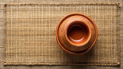 Poster - Wooden bowl on a textured burlap cloth.