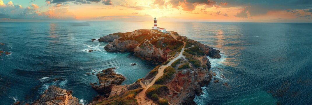 Lighthouse on a Rugged Coastline at Sunset