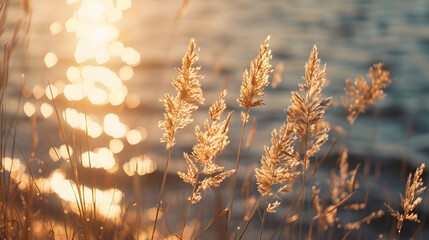 Aufkleber - Wild grasses on the sea coast at sunset Macro image shallow depth of field Beautiful autumn nature background : Generative AI