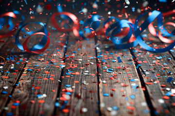 Wall Mural - Patriotic confetti and streamers in red white and blue on rustic wooden floor, Independence labor day fourth July American flag backgrounds
