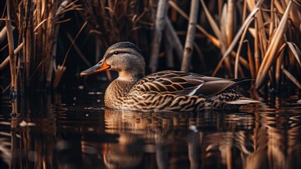 Sticker - Duck swimming among reeds in a calm pond.