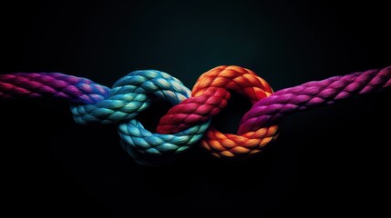 Team rope diverse strengths connect partnership teamwork unity communicate support. Strong diverse network rope team concept integrates braid black background cooperation empower power.