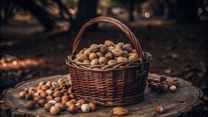 Wall Mural - Basket of assorted nuts on a rustic table.