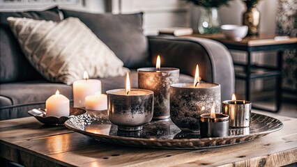 Wall Mural - Cozy living room setup with lit candles on a table.