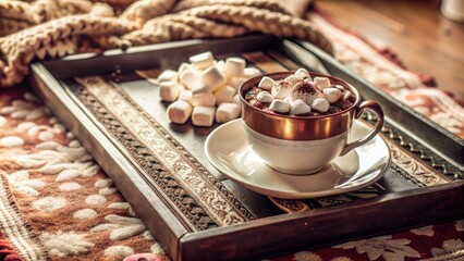 Poster - Hot chocolate with marshmallows on a tray.