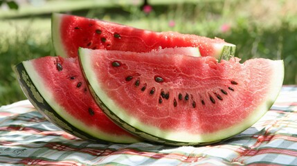 Wall Mural - A close-up of a juicy watermelon sliced open, revealing its bright red flesh and black seeds, with a few slices arranged on a picnic tablecloth