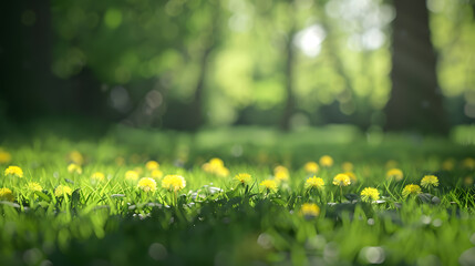 Wall Mural - Beautiful wide format image of a pristine forest lawn with fresh grass and yellow dandelions against a defocused background : Generative AI