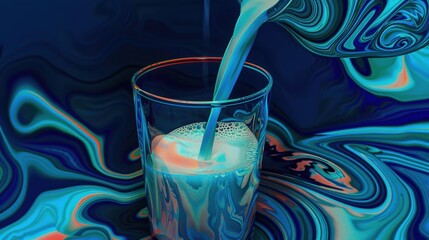 Wall Mural - Graphic illustration of milk being poured into a glass with abstract shapes and vibrant colors for a unique artistic effect