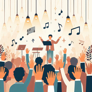 A flat vector illustration of hands raised in worship, depicting a singing congregation.