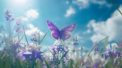 Poster - Purple butterfly on wild white violet flowers in grass against blue sky macro Spring summer fresh artistic image of beauty nature : Generative AI
