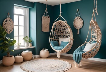 interior design style- reading nook with a hanging rattan chair, cozy floor pouf, and a macrame wall hanging