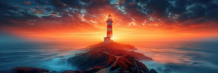 Wall Mural - Lighthouse at Sunset on a Rocky Coast