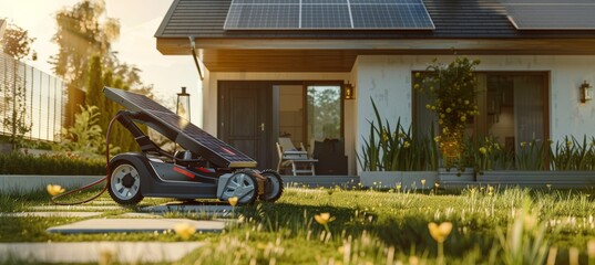 Wall Mural - Sustainable Home: Charging Electric Lawnmower with Solar Power in Eco-Friendly Backyard