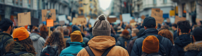 A bustling crowd gathers for a protest in an urban setting, with diverse individuals holding signs and wearing winter clothing, highlighting unity and social activism. Generative Ai