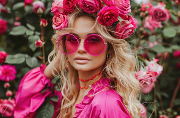 Wall Mural - a fashion shoot of happy blonde woman in pink sunglasses with rose flowers on her hair, wearing oversized magenta shirt and large round glasses