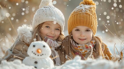 Sticker - Cheerful Girls Building a Snowman in Winter Wonderland