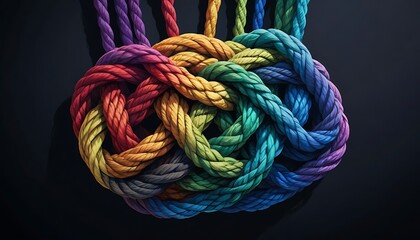 Team rope diverse strength connect partnership together teamwork unity communicate support. Strong diverse network rope team concept integrate braid color background cooperation empower power.