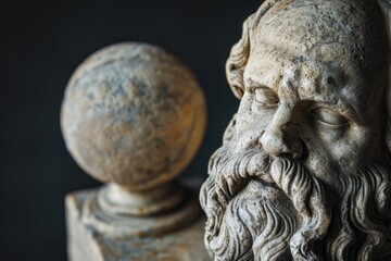 A statue of a bearded man with a ball in the background