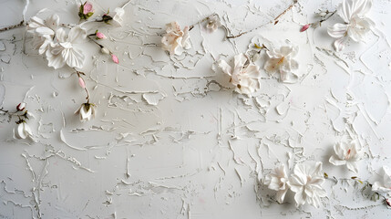 Flowers on the old white wall background digital wall tiles or wallpaper design : Generative AI