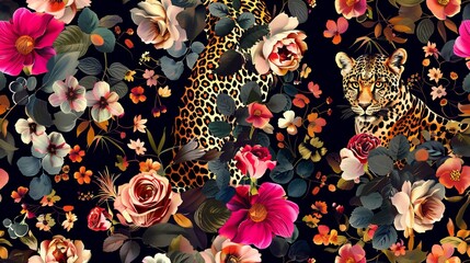 Wall Mural - Unique leopard print pattern with a modern twist. Floral collage seamless design for a contemporary look. Perfect for stylish designs.