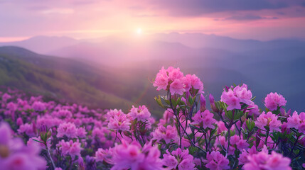 Canvas Print - Magic pink rhododendron flowers on summer mountain : Generative AI