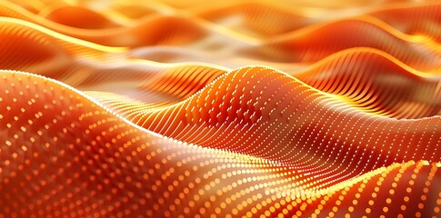 Wall Mural - 3D rendering of an orange abstract background with a wavy gradient and digital grid waves for a design concept, 