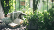 © Generative AI - Reading books in summer at a beautiful terrace or cozy balcony full of green plants : Generative AI
