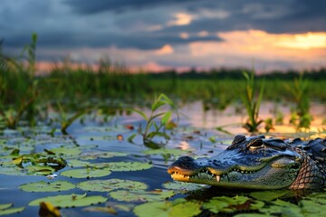 Wall Mural - Alligator Lurking in a Sunlit Marsh