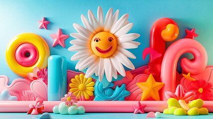 Wall Mural - Colorful, cartoonish scene with a smiling flower, colorful, playful shapes and elements and stars