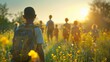 © Iuliia Metkalova - Young Boy with Backpack Walking in Flower Field at Sunset. Generative ai