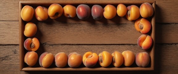 Wall Mural - Apricot fruits on wooden table, frame with copy space. Top view flat lay