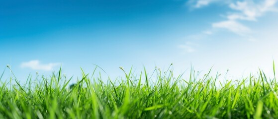 Sticker - Green grass field and blue sky with clouds. Panoramic view.