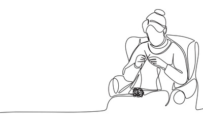 Wall Mural - Grandmother is knitting one line continuous. Old woman is knitting line art. Hand drawn vector art.