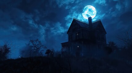Haunted House. Creepy Atmosphere for Halloween. Fog, Moon light. Illuminated windows. . High quality 3d illustration