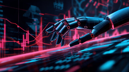 Wall Mural - A robotic hand with articulated fingers, interacting with glowing digital graphs and data visualizations in a futuristic environment, highlighted by vibrant red and blue neon lights.