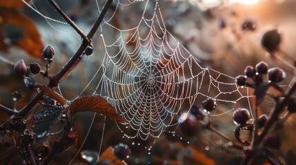 Wall Mural - Beautiful little delicate water drops on a spider web in close-up on a foggy day