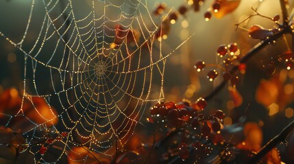 Wall Mural - Beautiful little delicate water drops on a spider web in close-up on a foggy day