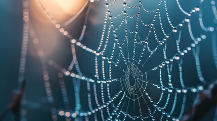 Wall Mural - Beautiful little delicate water drops on a spider web in close-up on a foggy day