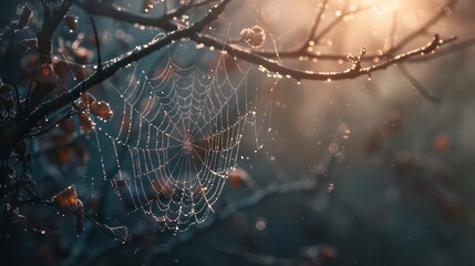 Wall Mural - Beautiful little delicate water drops on a spider web in close-up on a foggy day