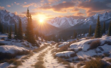 Wall Mural - snowy mountains at sunset. beautiful winter landscape.